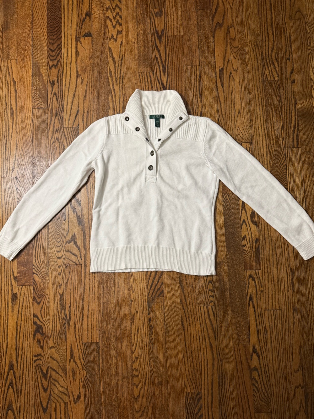 Vintage-Era Lauren Ralph Lauren Cream Cotton Mock Neck Snap Sweater Women’s L